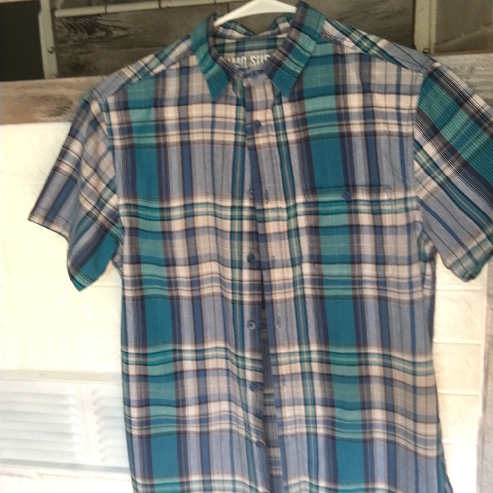 Teal plaid button down shirt for boys.